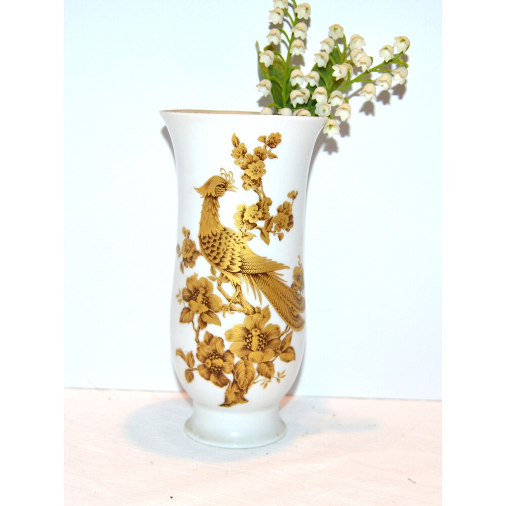 Vintage Vase Gold Peacock and Flowers Antique White Kaiser Kantate